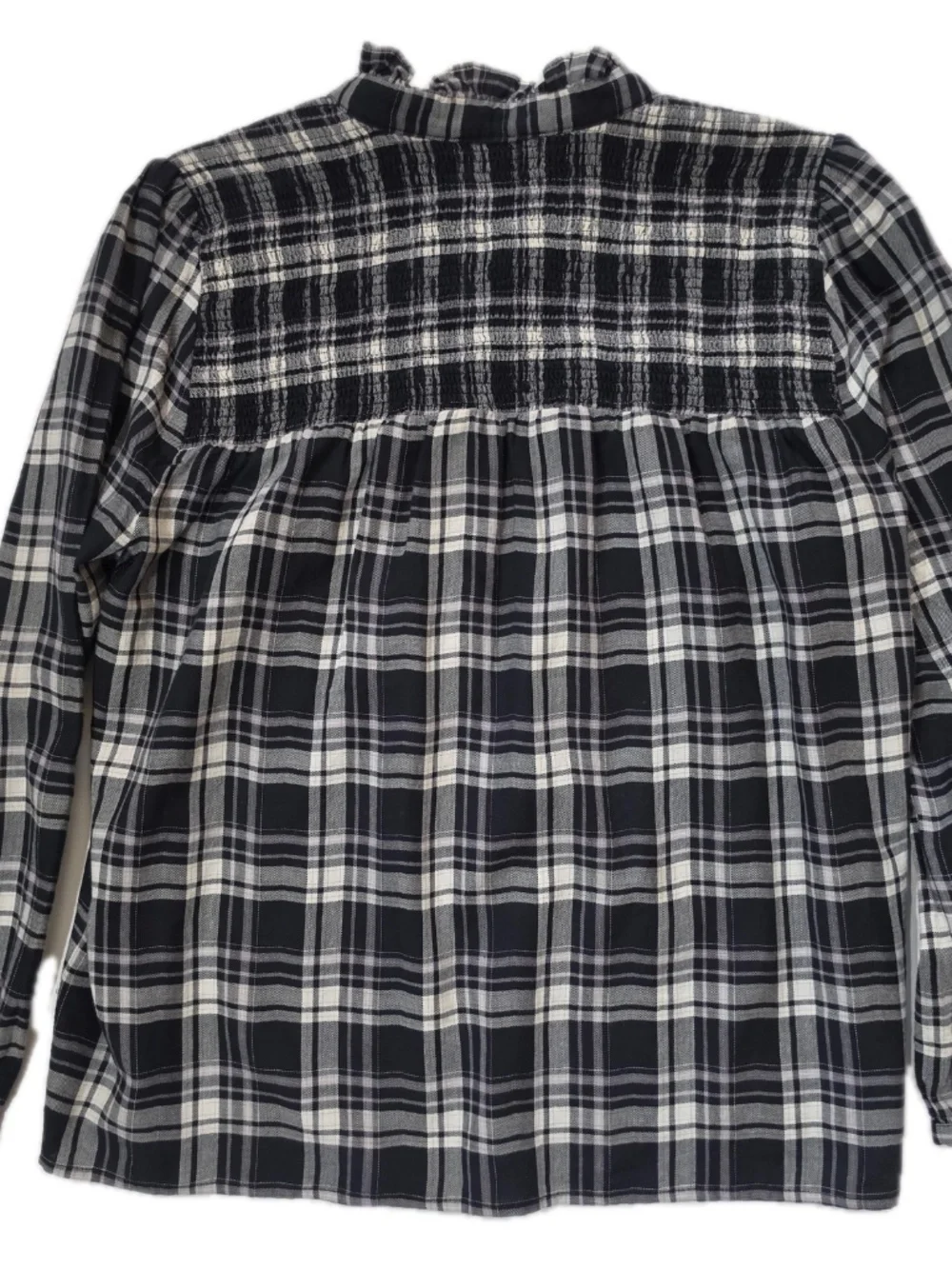 J.CREW Blouse Womens S‎ Black Tartan Plaid Mock Neck Long Sleeve Button Ruffle